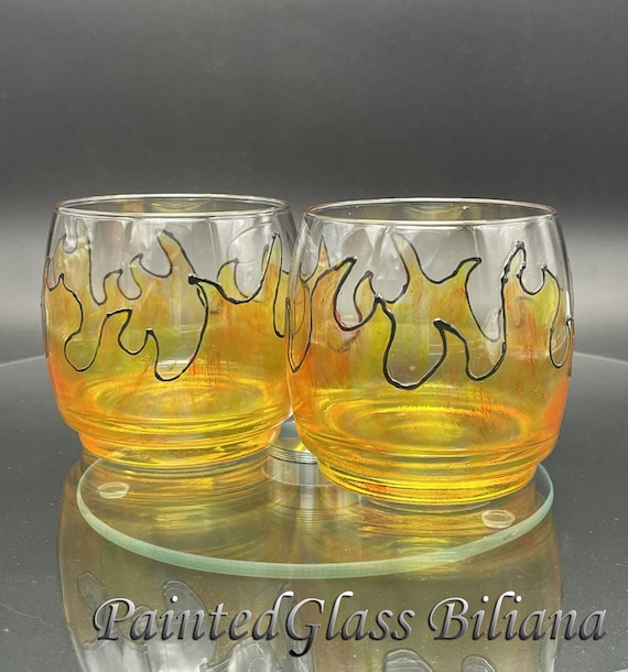 Set of 2 hand painted whiskey glasses "On fire"