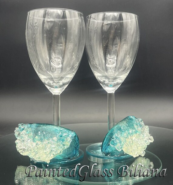 Ocean waves wine glasses cake serving set