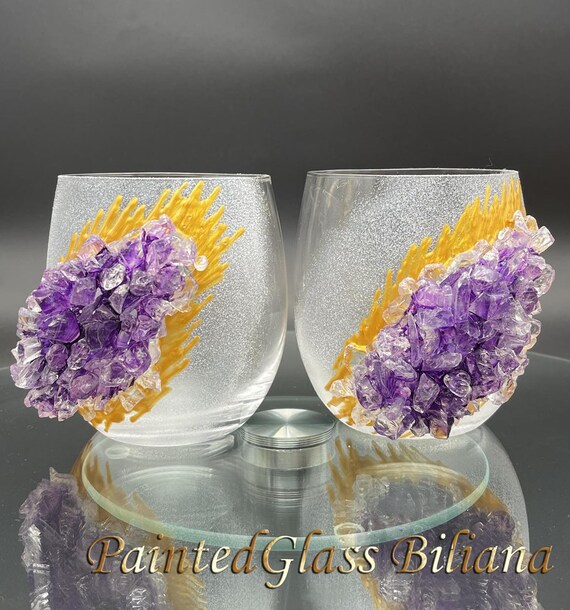 Geode theme Set of 2 hand painted decorated whiskey glasses Geode design in amethyst color