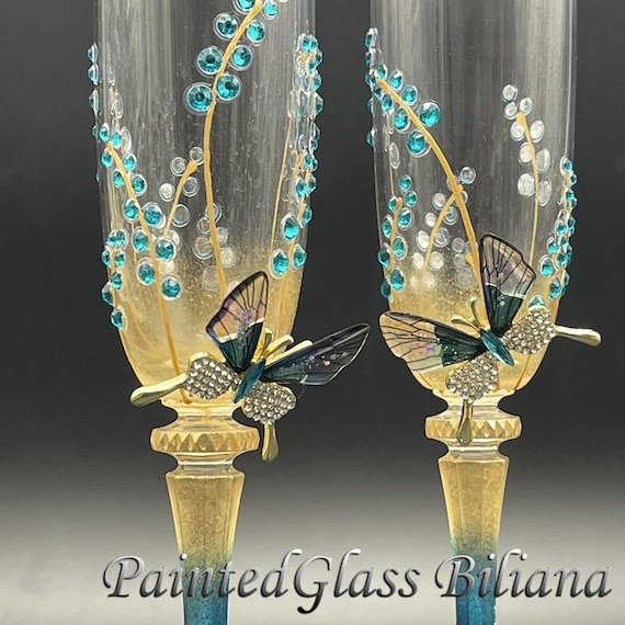 Blue butterflies Wedding toasting hand painted champagne flutes