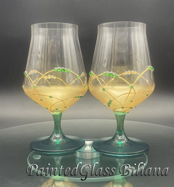 Gold green hand painted wine glasses, set of 2