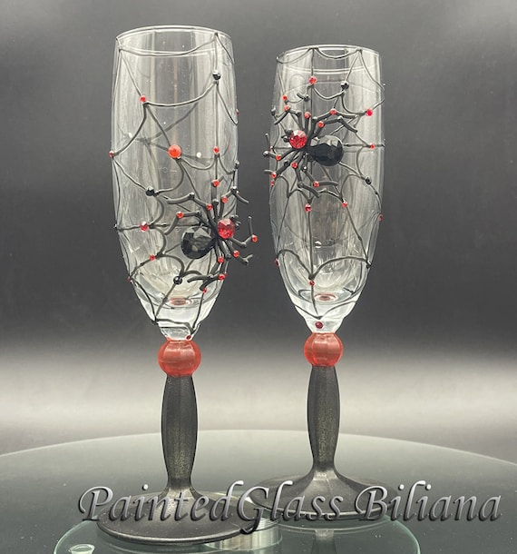 Black spider champagne glasses, Halloween wedding theme