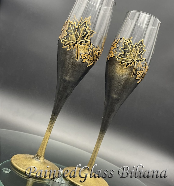 Maple leaves black and gold toasting glasses
