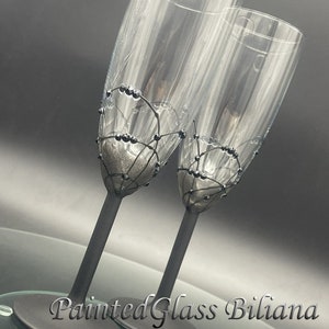 Black hand painted wedding champagne flutes, set of 2