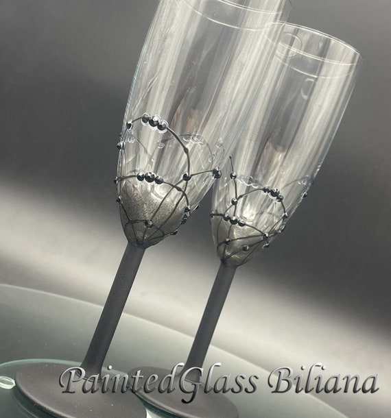Black hand painted wedding champagne flutes, set of 2