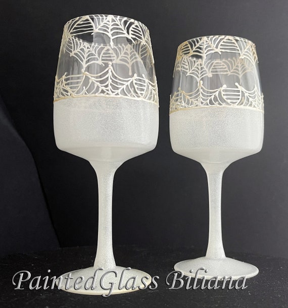 Halloween Spider web wine glasses, Halloween wedding theme