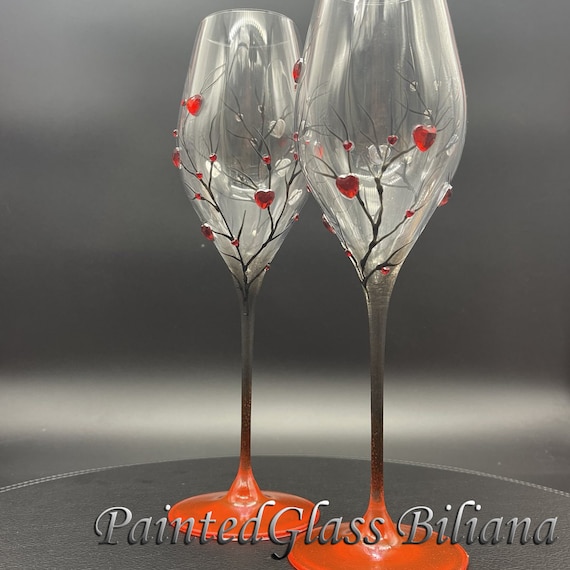 CRYSTAL SET of 2 hand painted wedding champagne flutes Tree of love