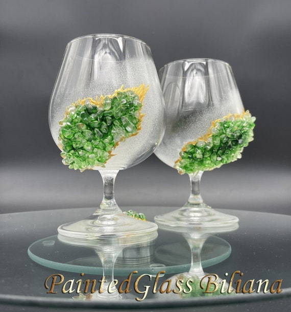 Geode theme Set of 2 hand painted decoratedbrandy glasses Geode design Cognac glasses in green color