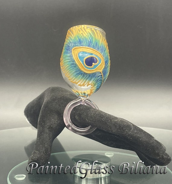 SMALL RING WINE glass Peacock feather in gold, blue and turquoise color