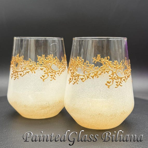 Set of 2 Hand painted stemless wine glasses  Classic white and gold
