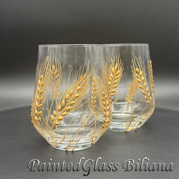 Set of 2 hand painted stemless wine glasses Wheat Rye theme in gold color