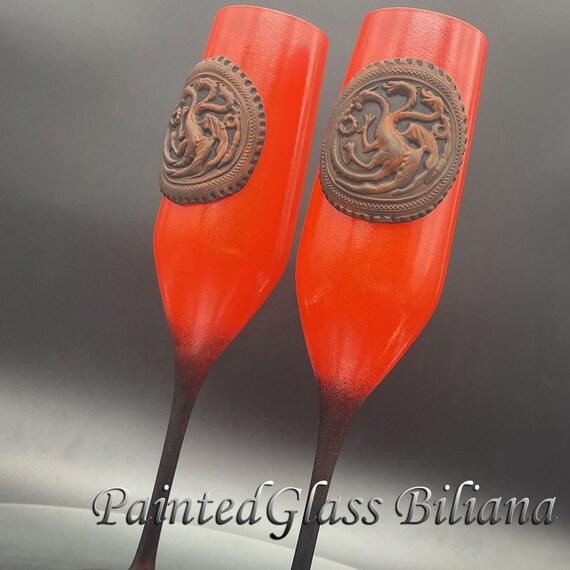 Game of thrones inspired wedding flutes Handmade hand painted wedding set House Targaryen