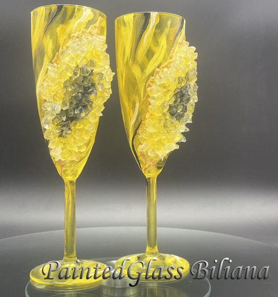 Yellow marble geode wedding flutes, geode champagne glasses, set of 2