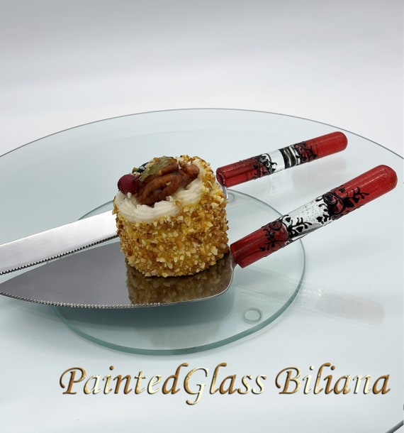 Red black Gatsby style cake server and knife, Glass handles