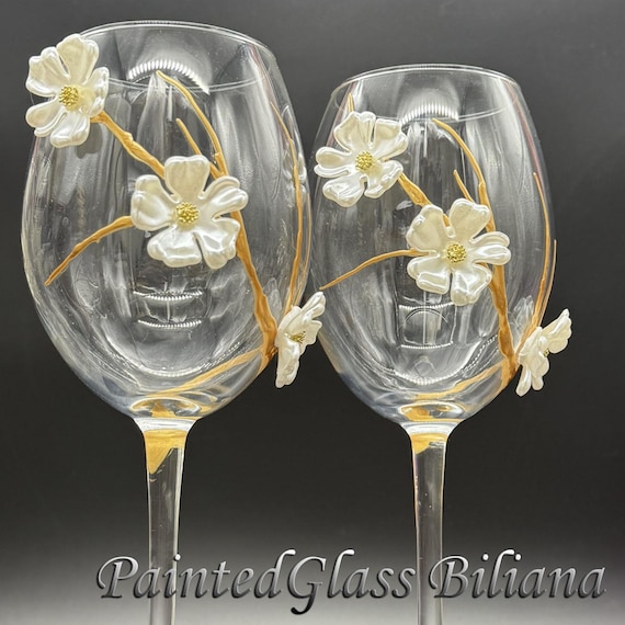 Sakura set of 2 Hand Painted wine glasses Cherry blossom