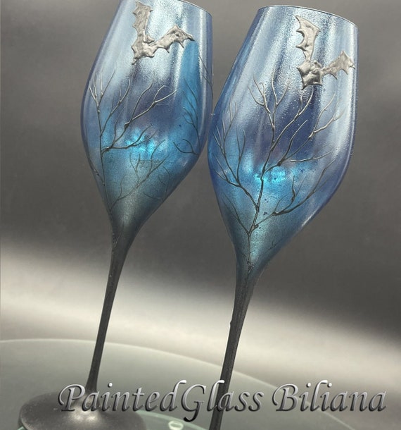 Set of 2 hand painted decorated Wedding Glasses champagne flutes Black, turquoise and purple Bats Halloween wedding favor