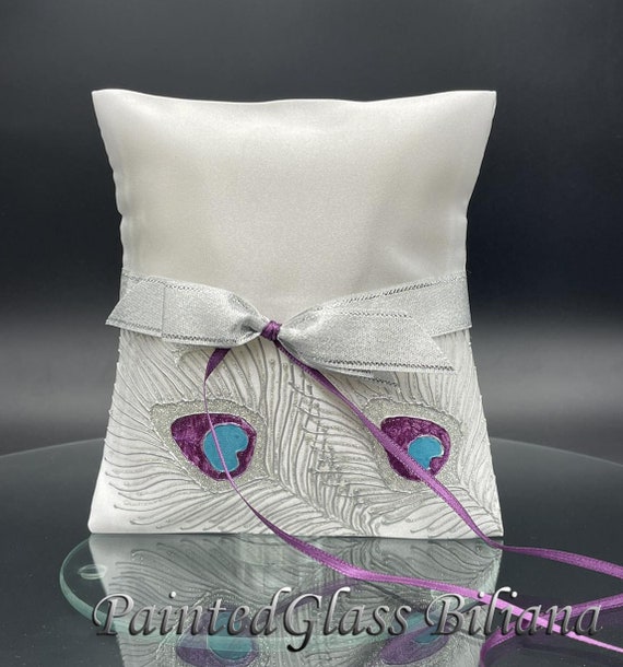 Silver purple peacock feathers ring pillow