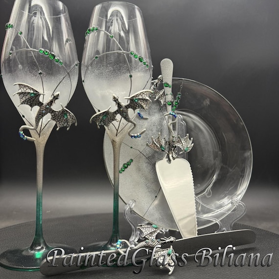 Silver dragon champagne flutes, Set of 2