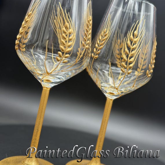 Set of 2 hand painted wine glasses Wheat Rye theme in gold color