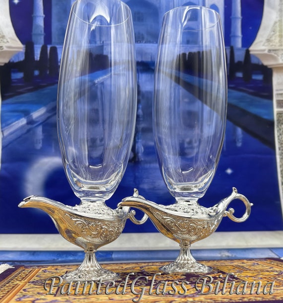Aladdin magic lamp wedding champagne flutes, silver color, fairytale wedding theme