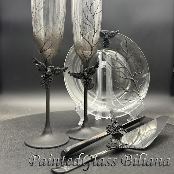 Black crow raven toasting wedding flutes