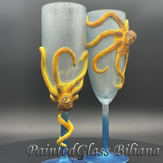 Yellow & orange Octopus wedding champagne flutes, 2 pcs