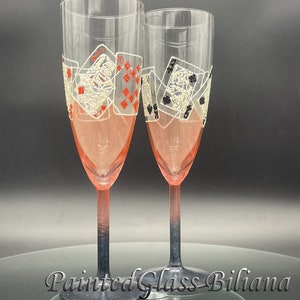 Glücksspiel Hochzeit Gläser Champagner Flöten 2er Set Pocker Royal Flush in rot und schwarz Farbe