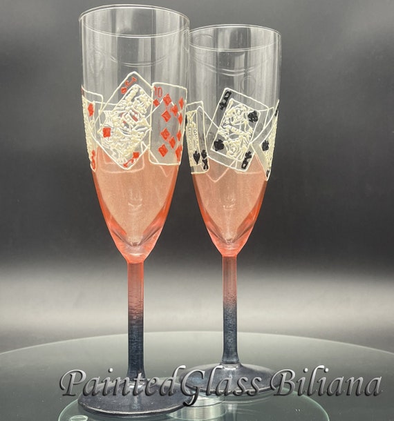 Casino Wedding Glasses Champagne Flutes Set of 2 Pocker Royal Flush in Red  and Black Color 