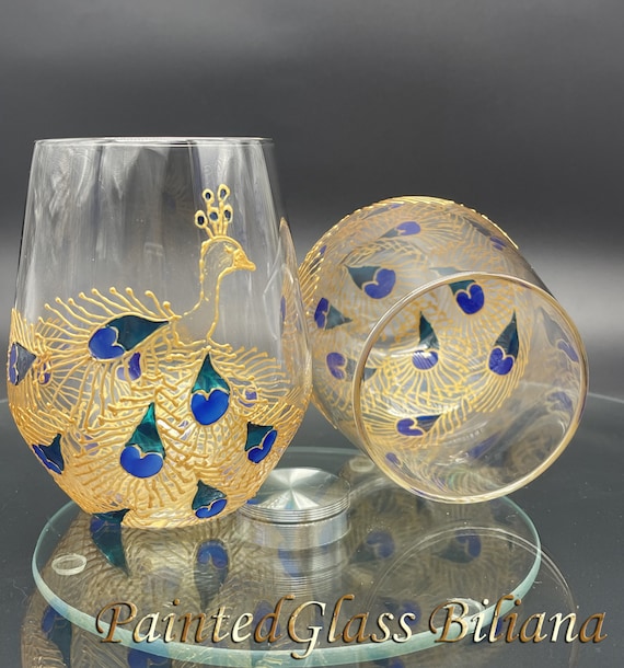 Set of 2 Hand Painted stemless wine glasses Peacock in turquoise, blue and gold color