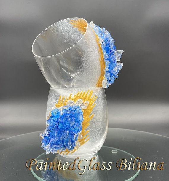Geode theme Set of 2 hand painted decorated whiskey glasses Geode design in blue color