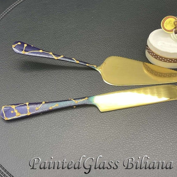 Constellations Wedding cake server and knife, Night sky  wedding cake accessories, blue gold cake serving set, Metal handles