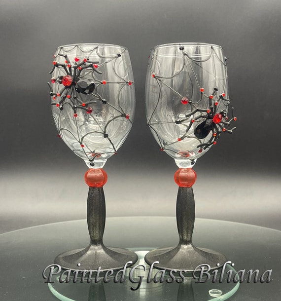 Black spider wine glasses, Halloween wedding theme