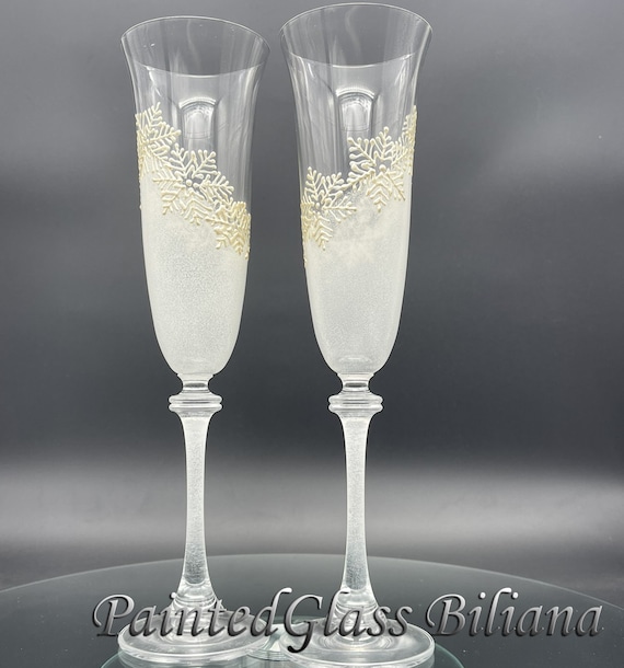 Set of 2 hand painted wedding champagne flutes Snowflake fantacy Christmas glasses Cake serving set