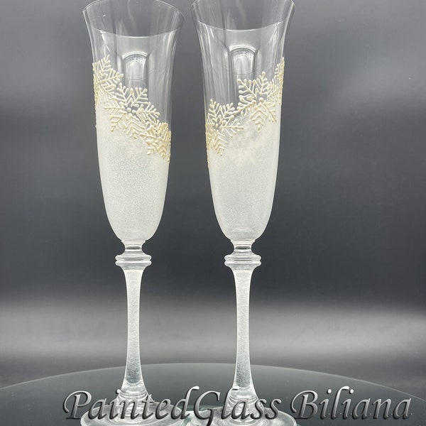 Ensemble de 2 flûtes à champagne de mariage peintes à la main Verres de Noël fantaisie flocon de neige Ensemble de service à gâteau