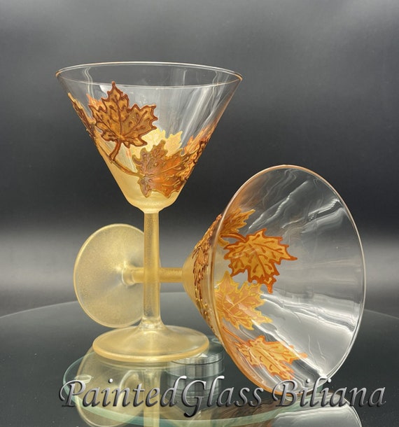 Set of 2 Autumn Maple leaves hand painted martini glasses in gold and copper color