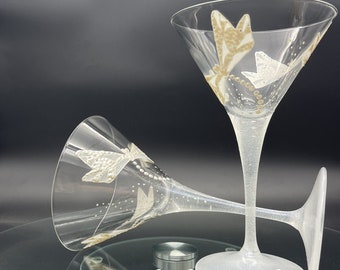 Set of 2 hand painted martini  glasses White dragonflies