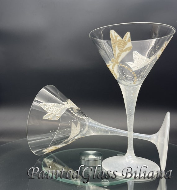 Set of 2 hand painted martini  glasses White dragonflies