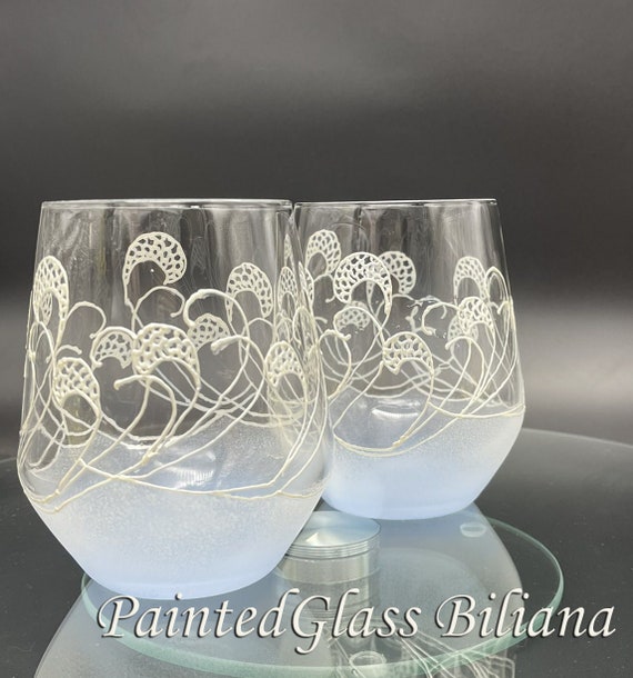 Toasting stemless wine glasses Set of 2 Beach Sea waves in pearly white and blue color