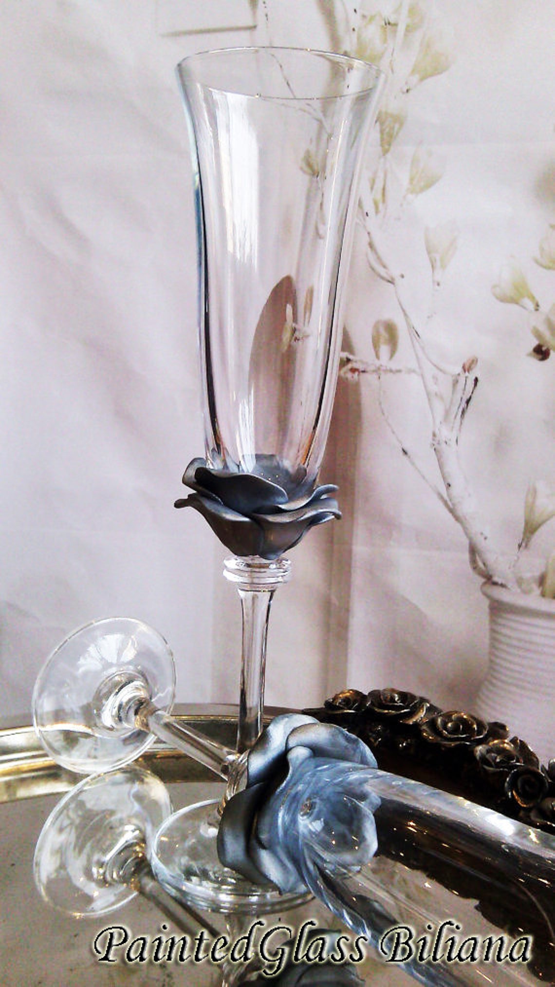 Wedding Glasses Silver Rose Champagne Flutes Hand Decorated Etsy