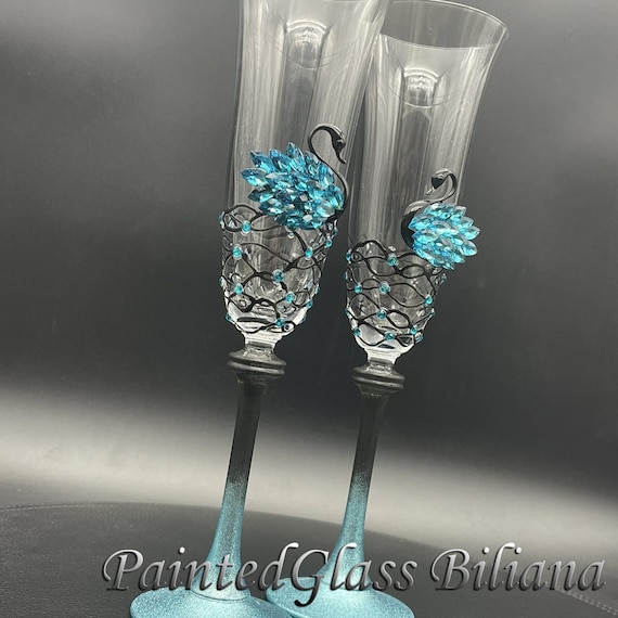 Blue swan wedding champagne flutes