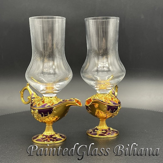 Aladdin magic lamp wedding champagne flutes, gold and purple, fairytale wedding