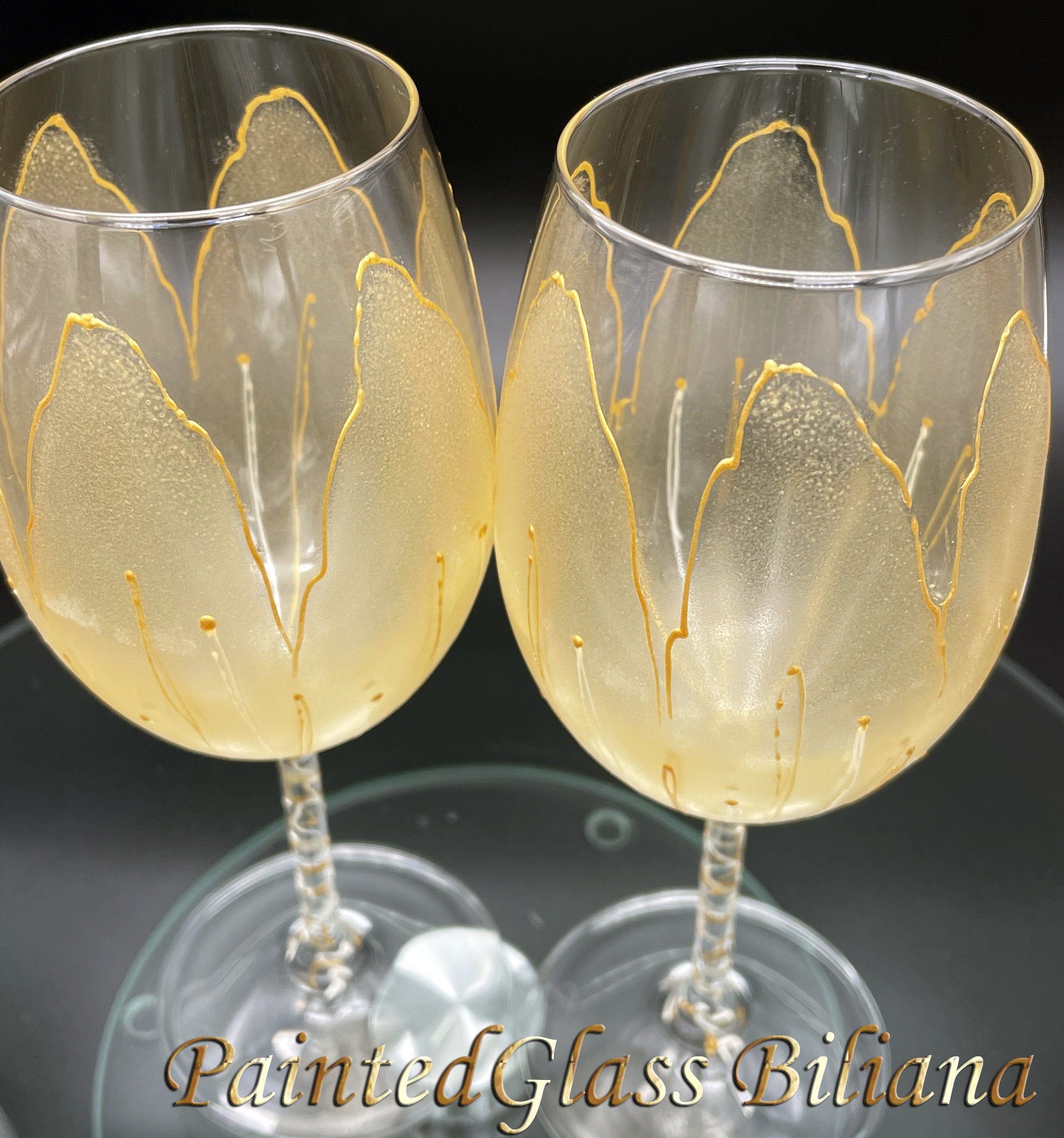 Set of 2 Hand Painted Unique Wine Glasses Golden Tulip 