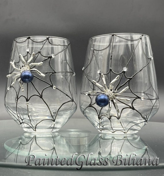 Black Spider stemless wine glasses, Halloween wedding theme