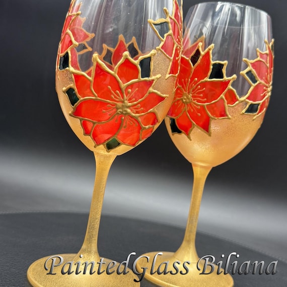 Set of 2 Hand Painted christmas unique wine toasting glasses Winter Poinsettia theme