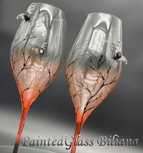 Set of 2 hand painted decorated Wedding Glasses champagne flutes Redand black Bats Halloween wedding favor
