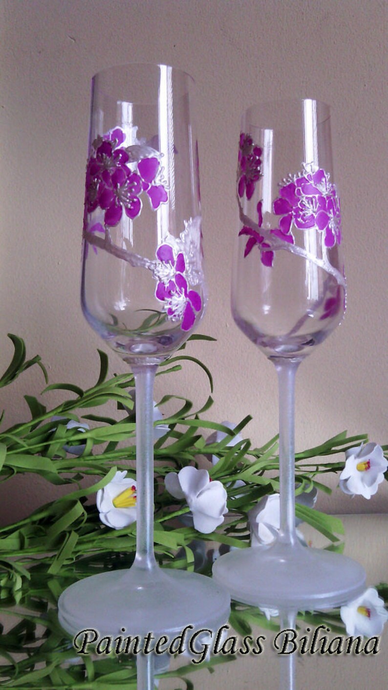 Cherry Blossom CRYSTAL SET of 2 wedding champagne flutes sakura tree