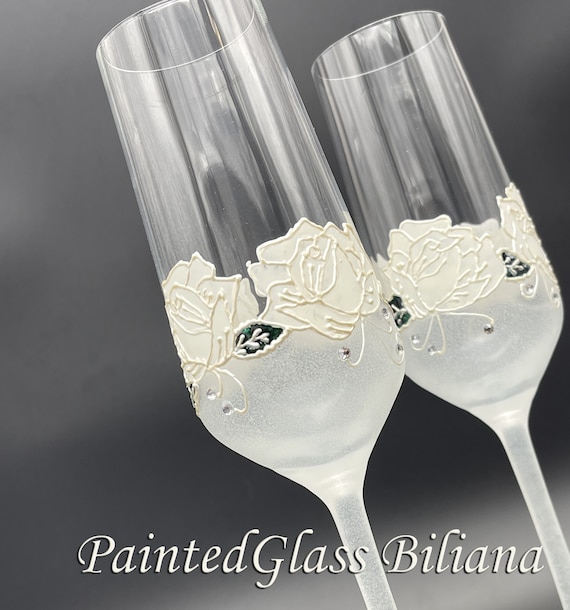 CRYSTAL SET of 2  White rose wedding champagne flutes with Swarovski crystals