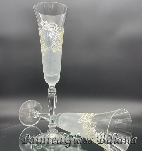 Set of 2 Winter Wedding toasting hand painted champagne flutes White snowflakes