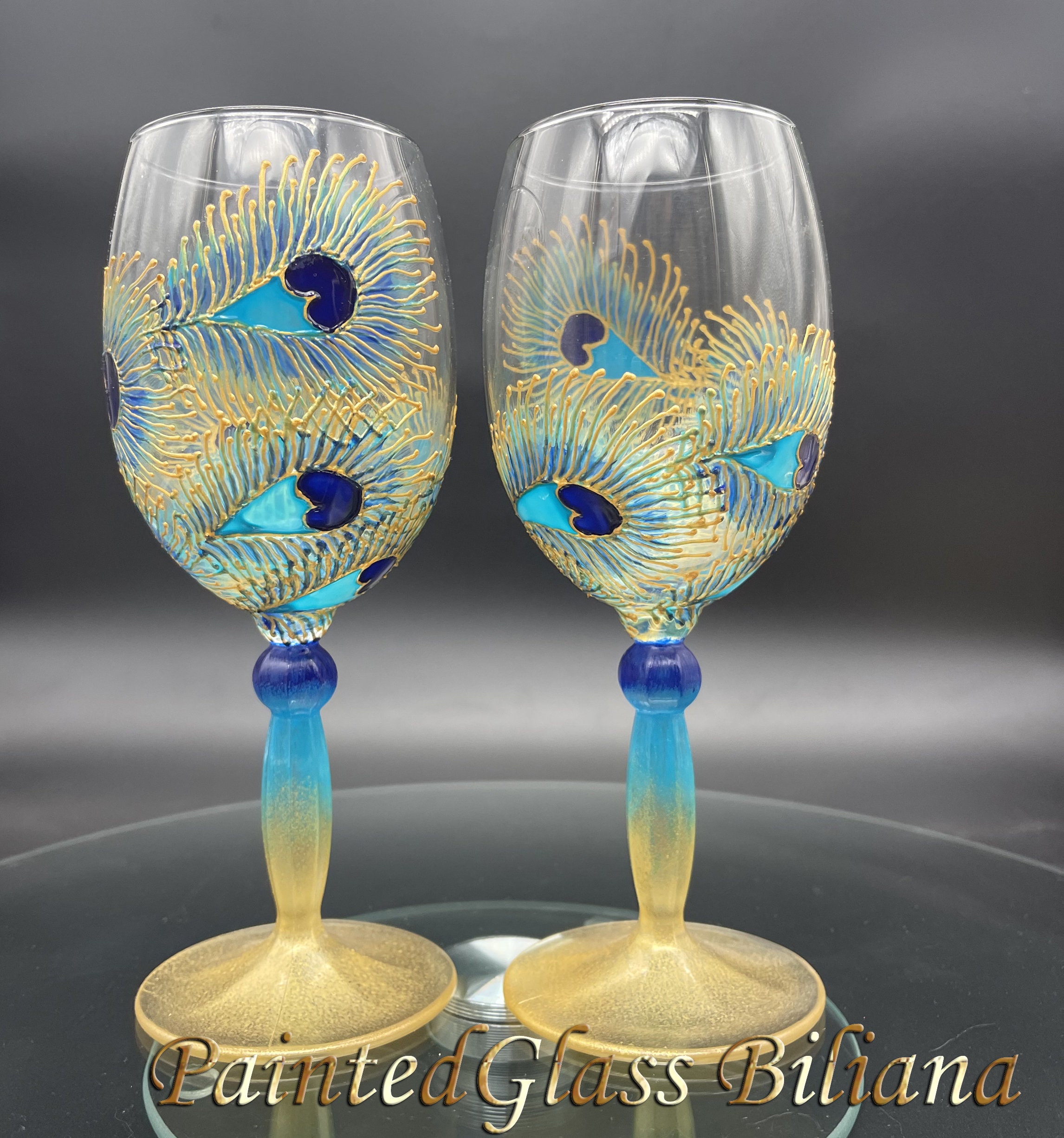Wine Glasses Peacock Feather Hand-painted set of 2 - Shop NeA Glass Bar  Glasses & Drinkware - Pinkoi