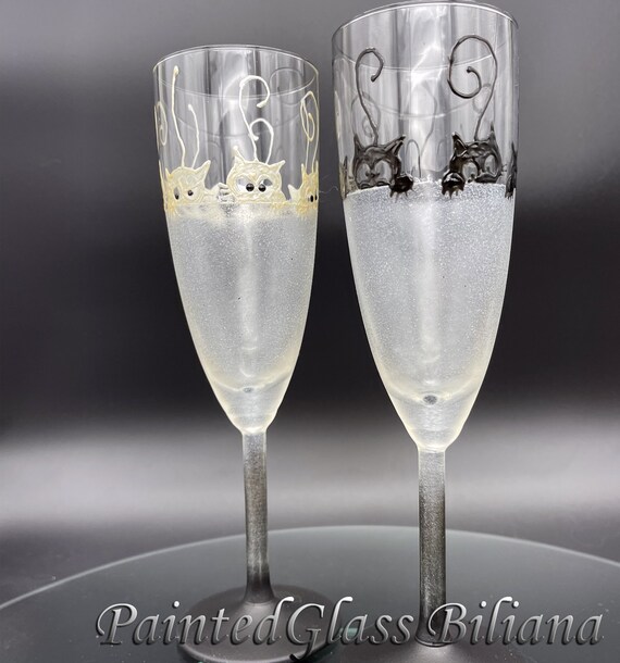 Wedding Champagne Flutes Set of 2 Cats in Black and White